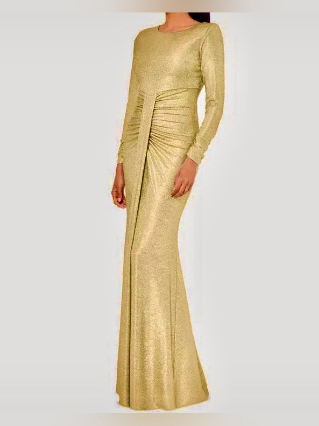 New Betsy & Adam Metallic Gold Sleeve Draped Gown Lined Sz 12 Stretch Msrp $300